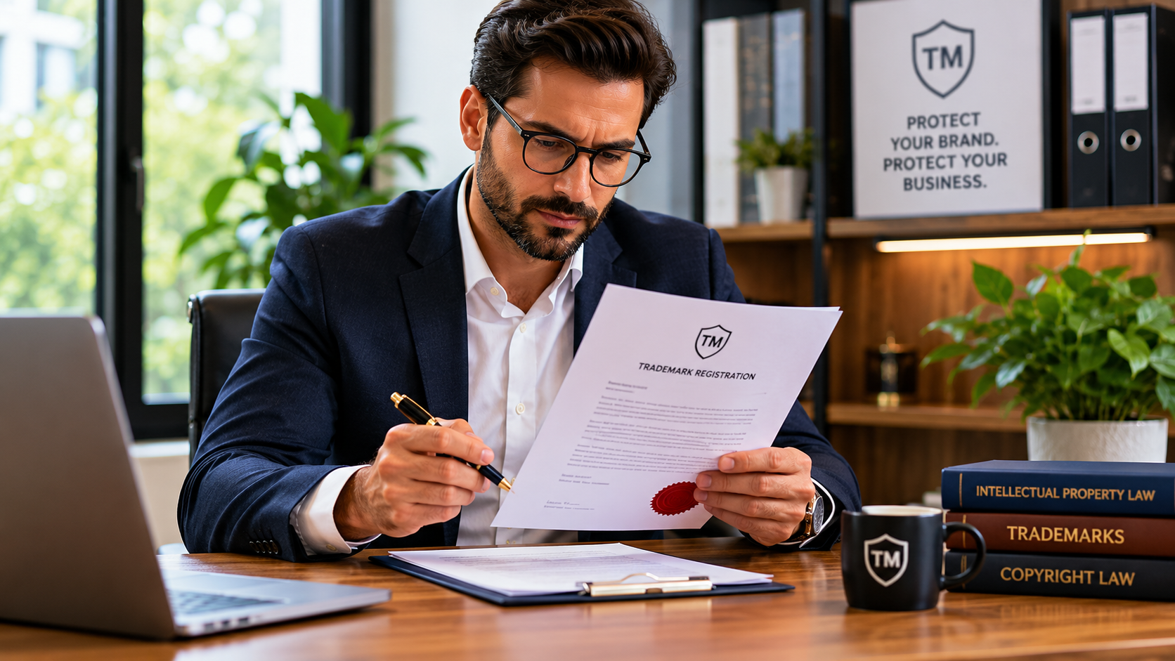 Business owner reviewing official trademark documents on desk