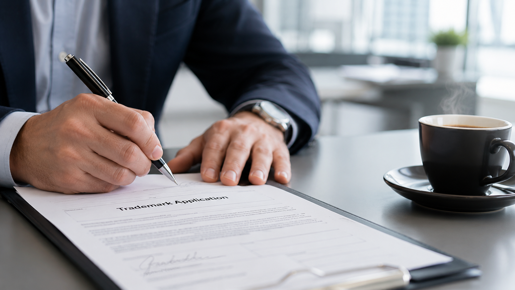 Lawyer or brand owner signing intellectual property legal paperwork
