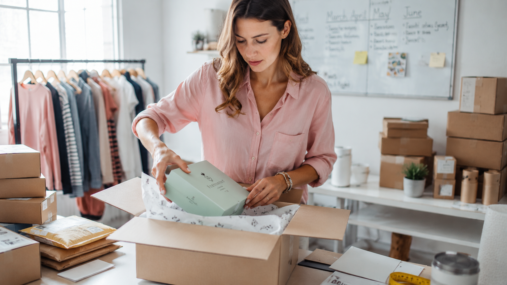 Brand owner packaging products with branded logos in warehouse