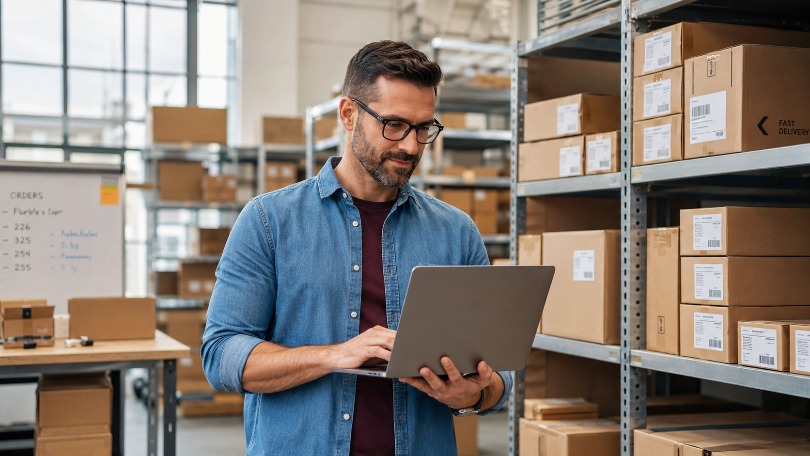 Amazon business owner analyzing sales data in warehouse