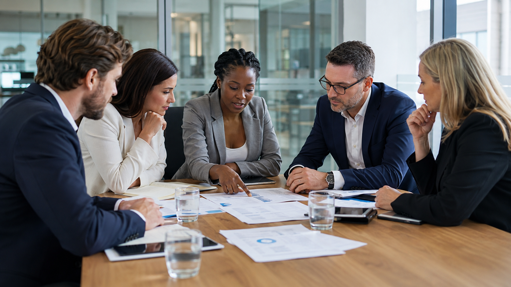Team of professionals analyzing printed business reports in a boardroom