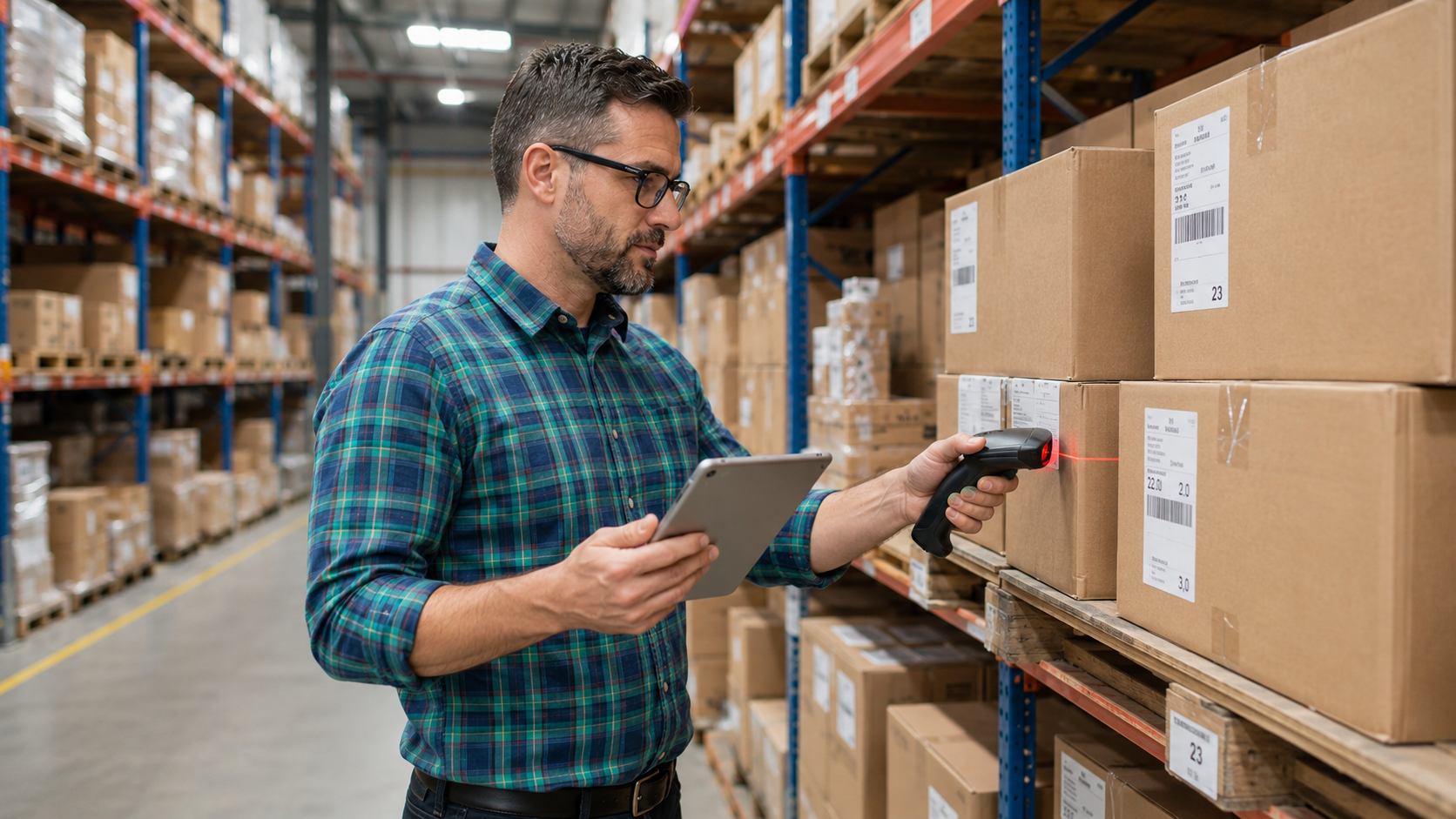 Warehouse manager using a tablet to scan physical inventory shelves