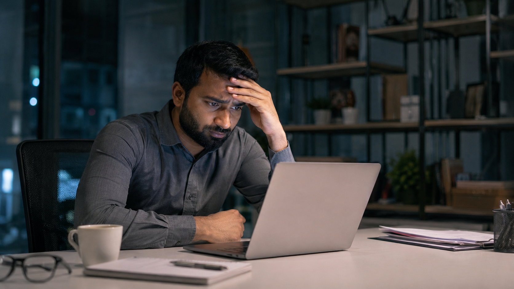 Stressed business owner looking at laptop reviewing Amazon Account Health