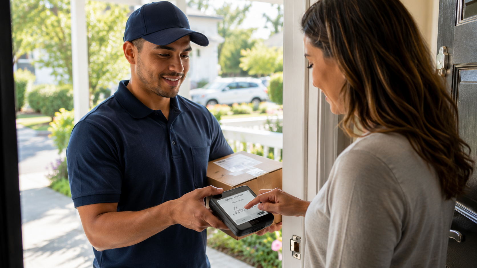 Delivery driver handing a package to a customer requiring signature