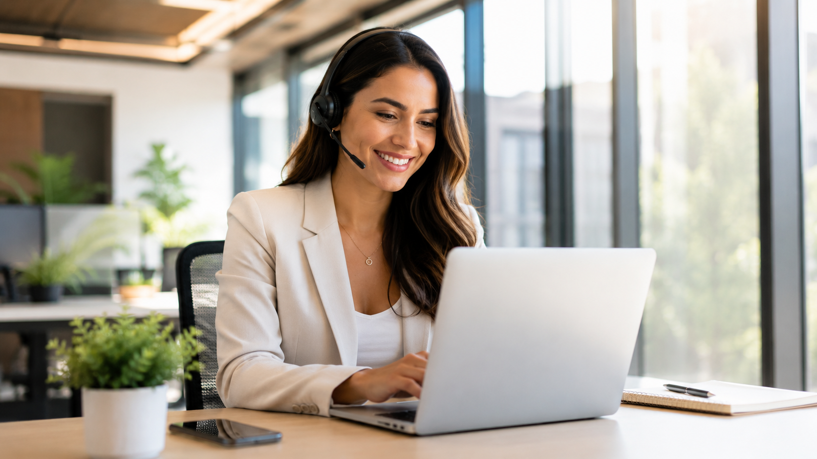 Professional customer service agent working on laptop in bright office