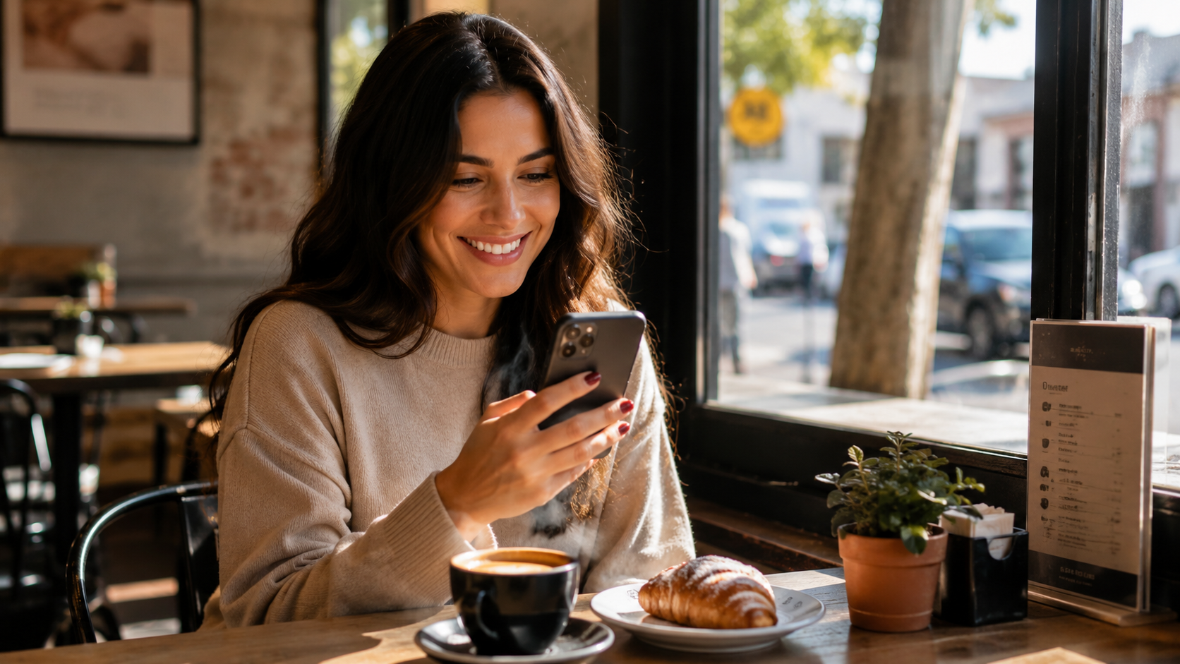 Happy customer reading a fast response on smartphone in a cafe