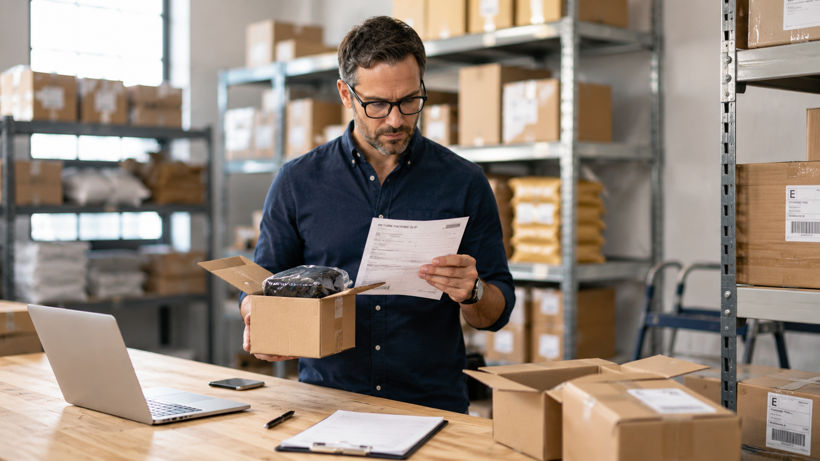 Business owner checking a returned e-commerce package in a warehouse