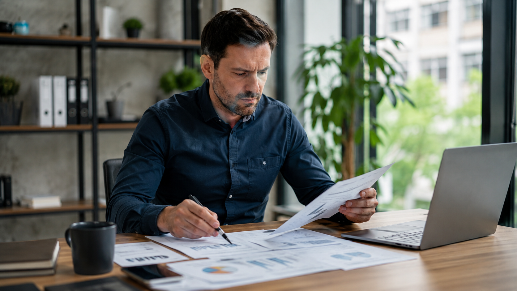 Business owner looking concerned while analyzing printed Amazon reports