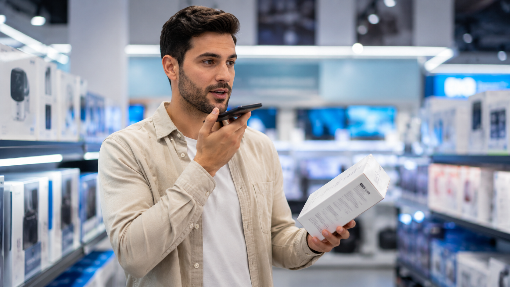 Customer using voice search on smartphone in a supermarket