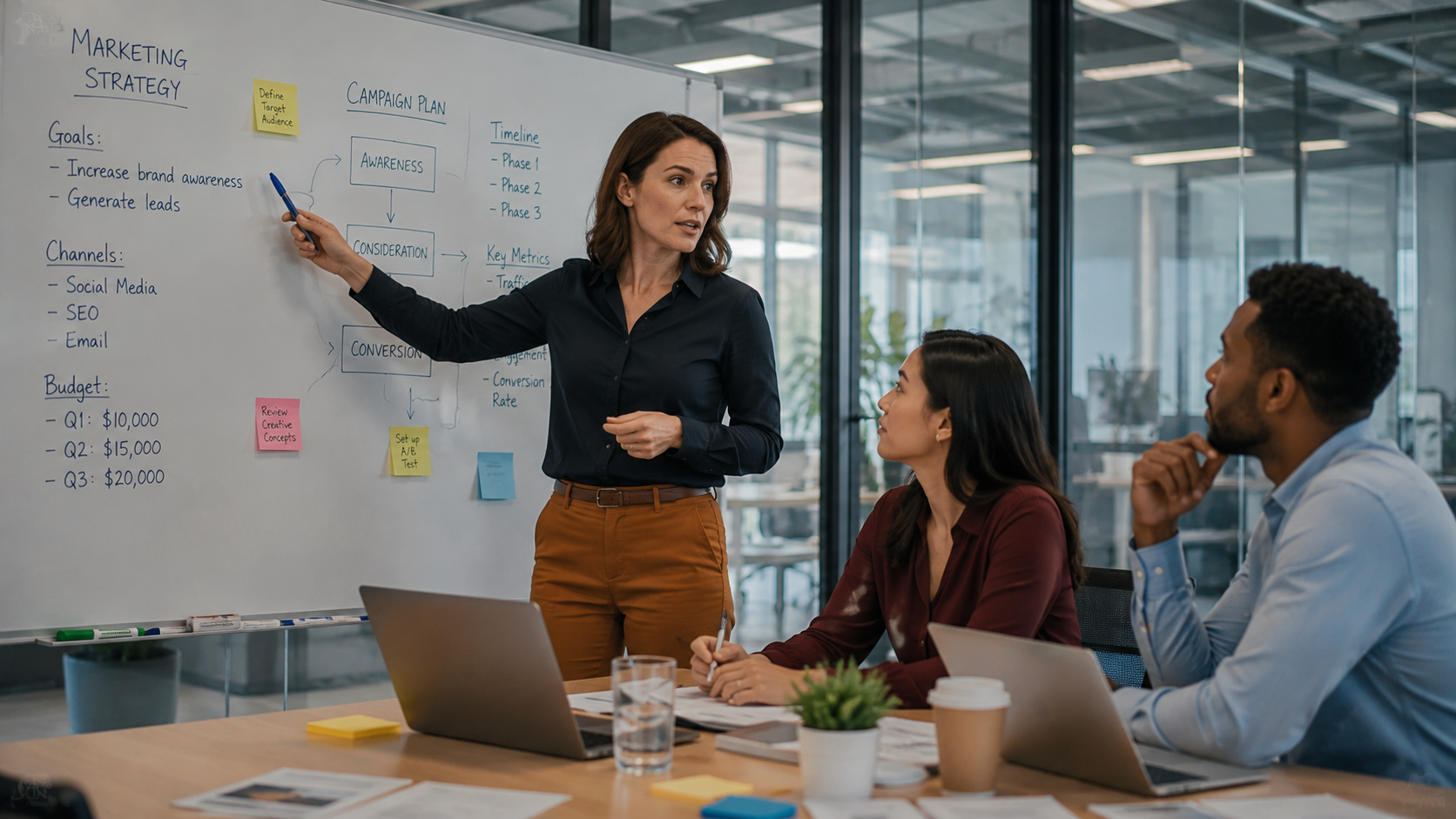 Marketing team pointing at whiteboard discussing e-commerce strategy