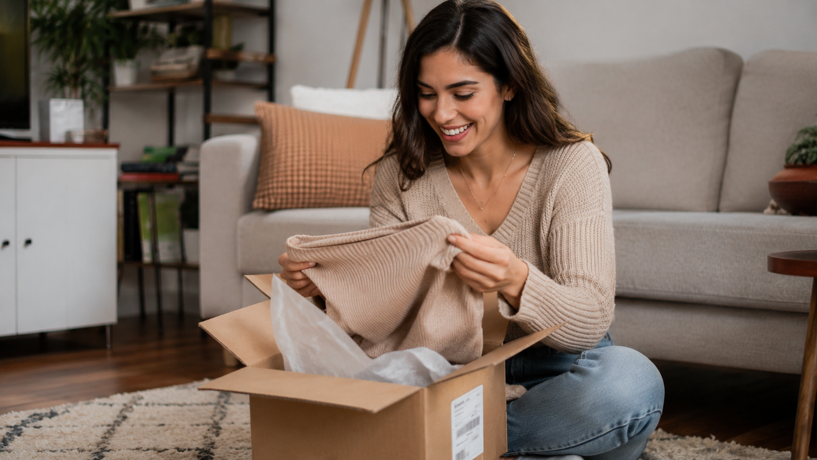 Customer unboxing an Amazon package at home