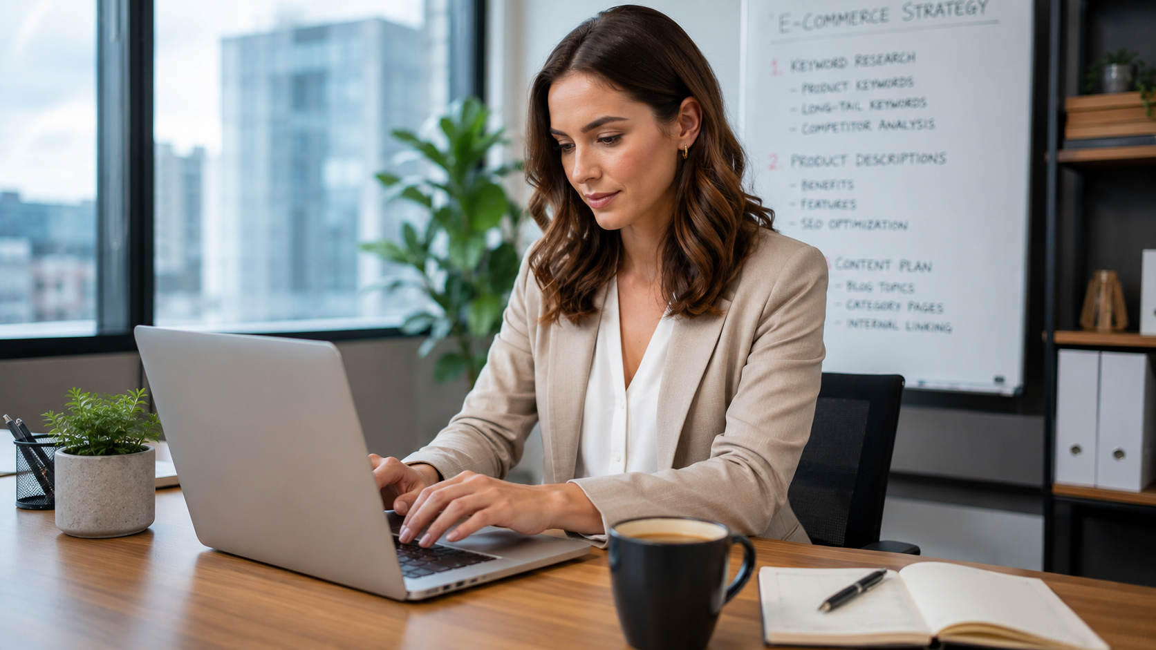 E-commerce copywriter typing on laptop in bright office
