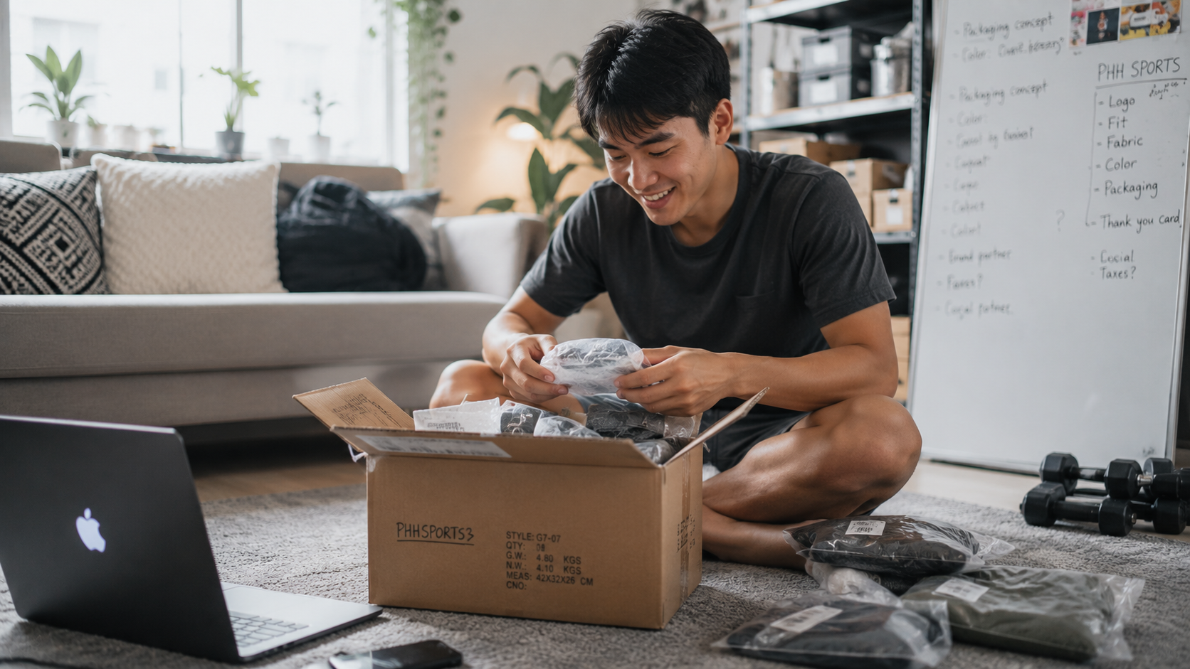 Young entrepreneur opening first product sample box in living room