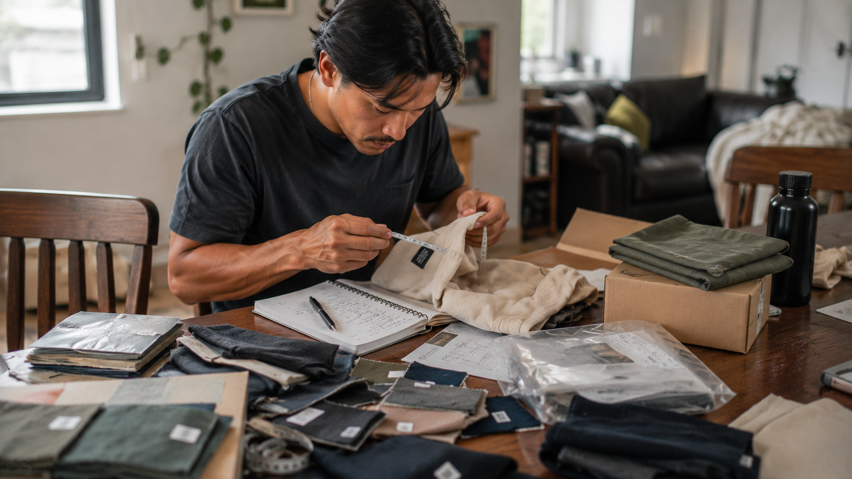 New seller inspecting physical product samples and fabric swatches