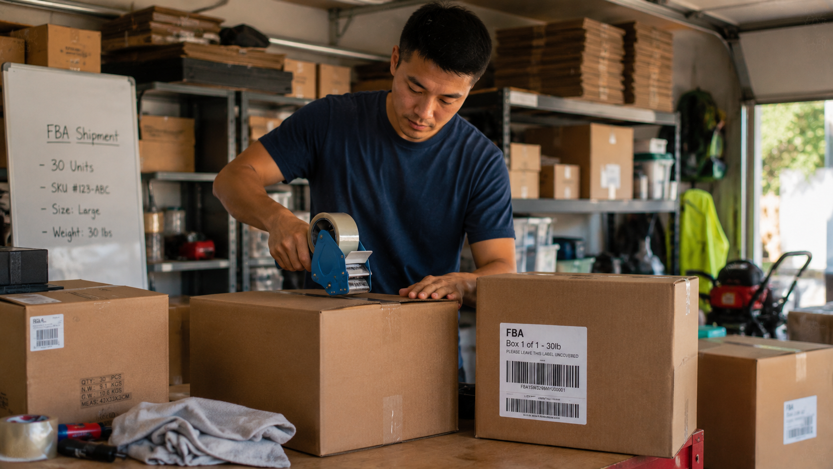 Small business owner packing Amazon FBA shipping boxes in garage