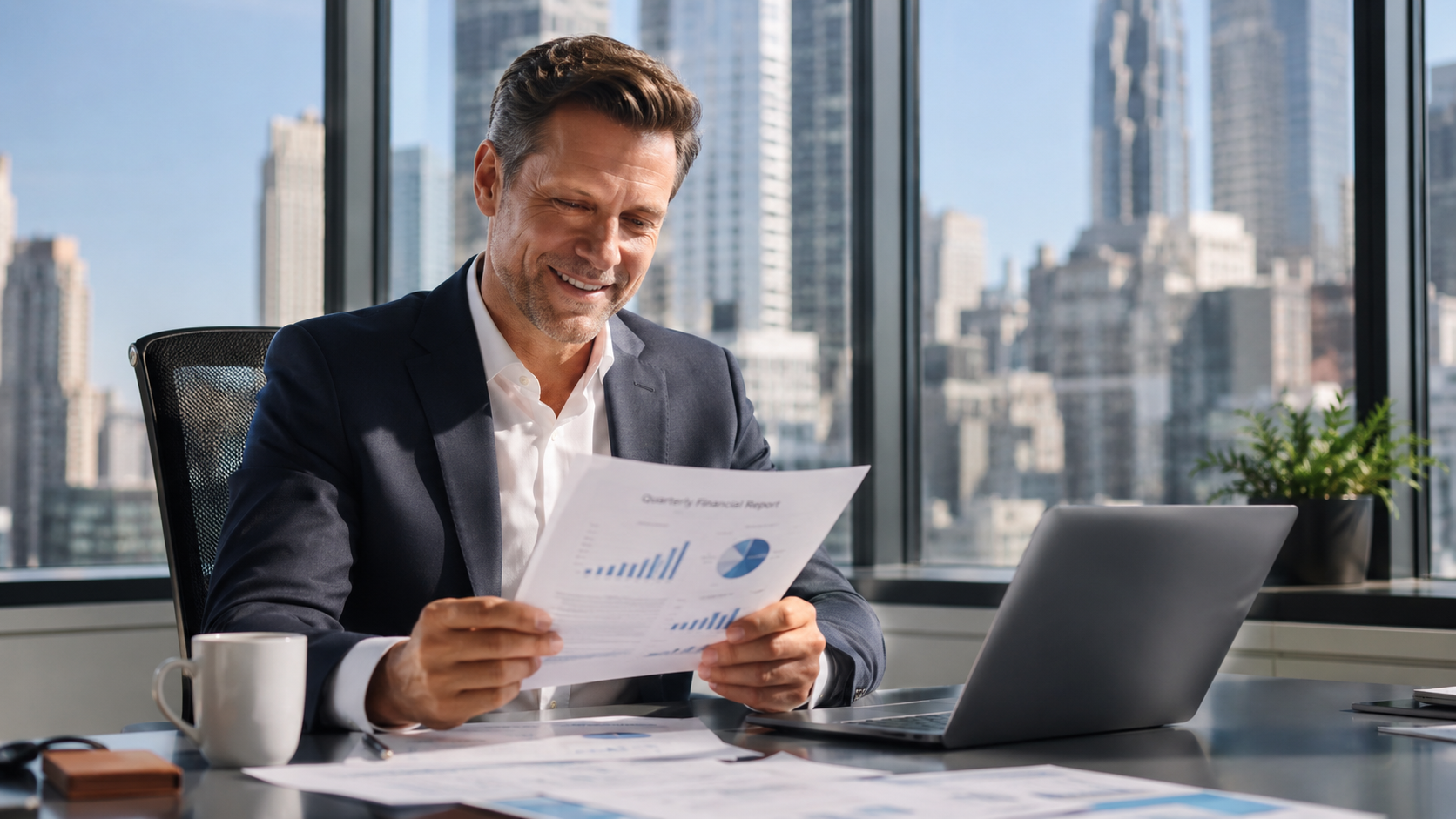 American corporate executive reviewing financial reports in modern office