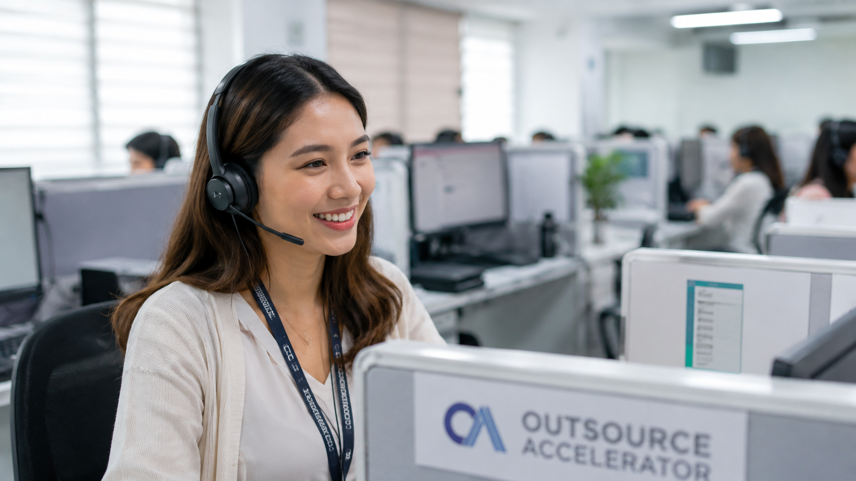 Professional offshore customer support agent wearing headset smiling
