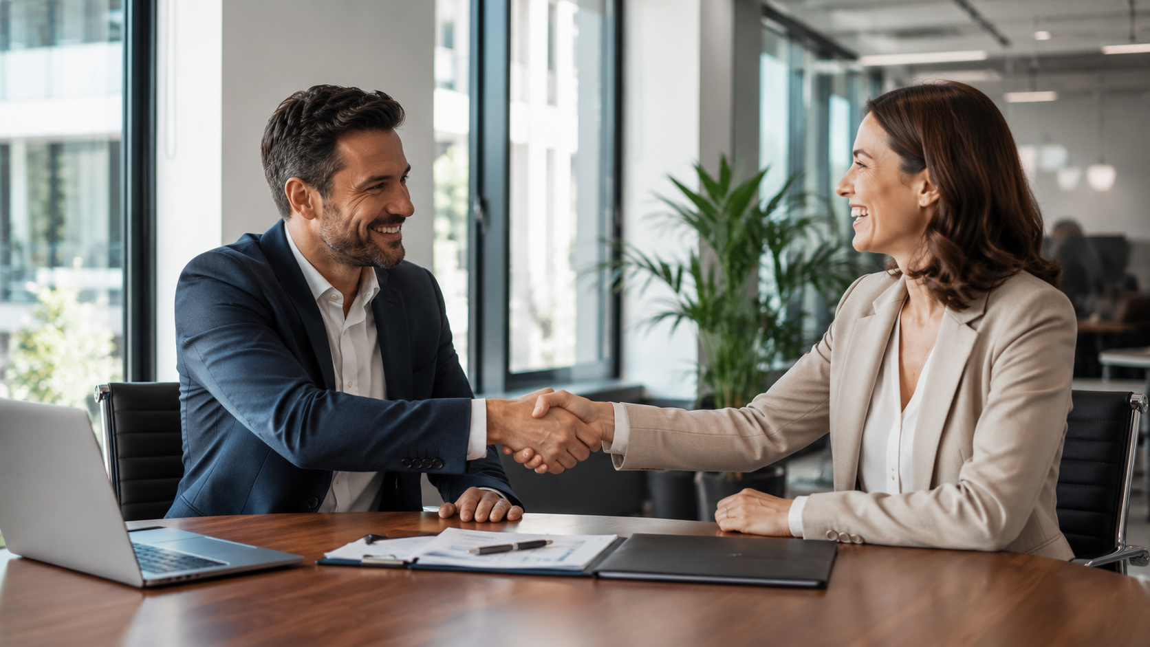 Business executives shaking hands across table successfully outsourcing