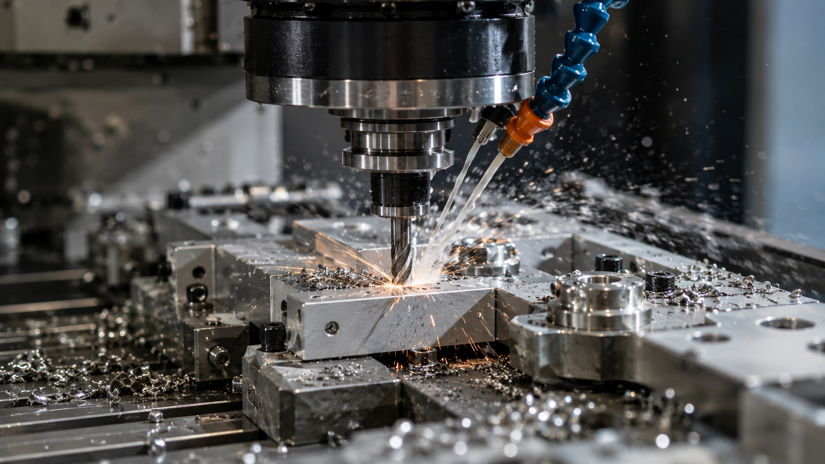 Close up of CNC machine cutting metal parts on assembly line