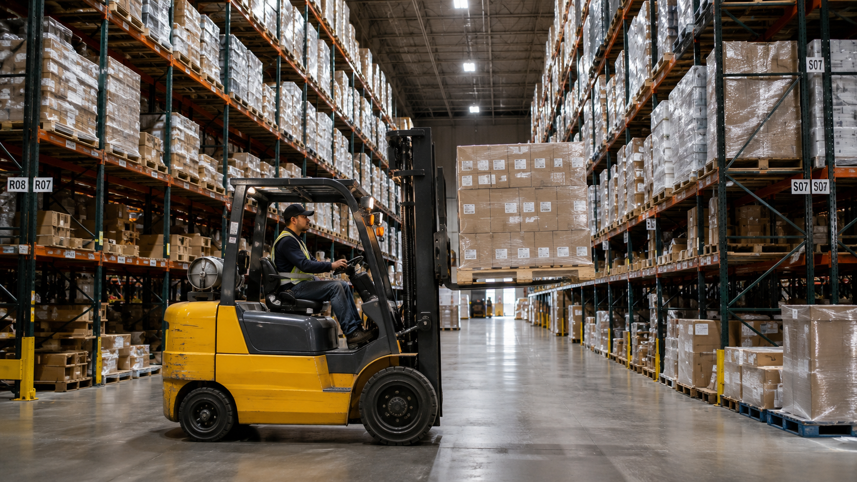 Forklift moving heavy pallets inside an industrial warehouse
